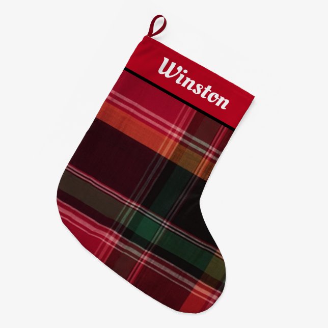 Happy Holidays Modern Madras Plaid Personalise Large Christmas Stocking (Front (Hanging))
