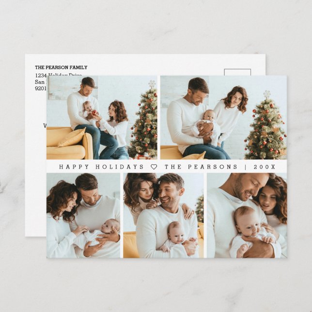 Happy Holidays Modern Minimal Multi Photo Grid Holiday Postcard (Front/Back)