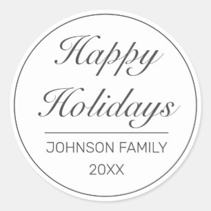 Happy Holidays Modern Minimalist White Black Classic Round Sticker