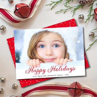 Happy Holidays Modern Photo Red Holiday Card