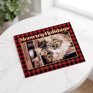 Happy Holidays Modern Plaid Funny Pet Cat Photo Foil Holiday Postcard