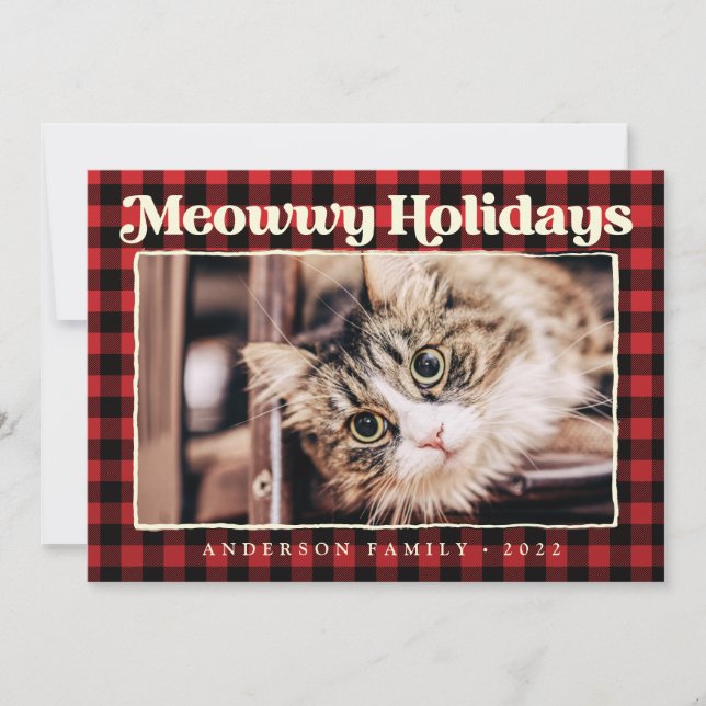 Happy Holidays Modern Plaid Funny Pet Cat Photo Holiday Card (Front)