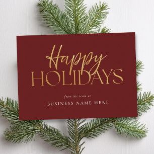 Happy Holidays Modern Red Gold Script Business Holiday Card