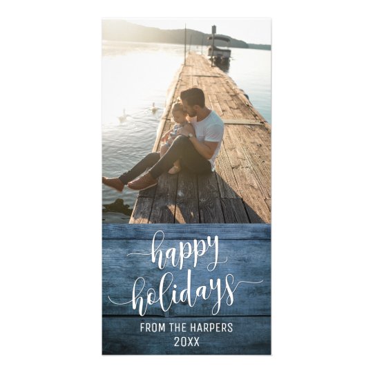 Happy Holidays Modern Script Blue Rustic Wood Card