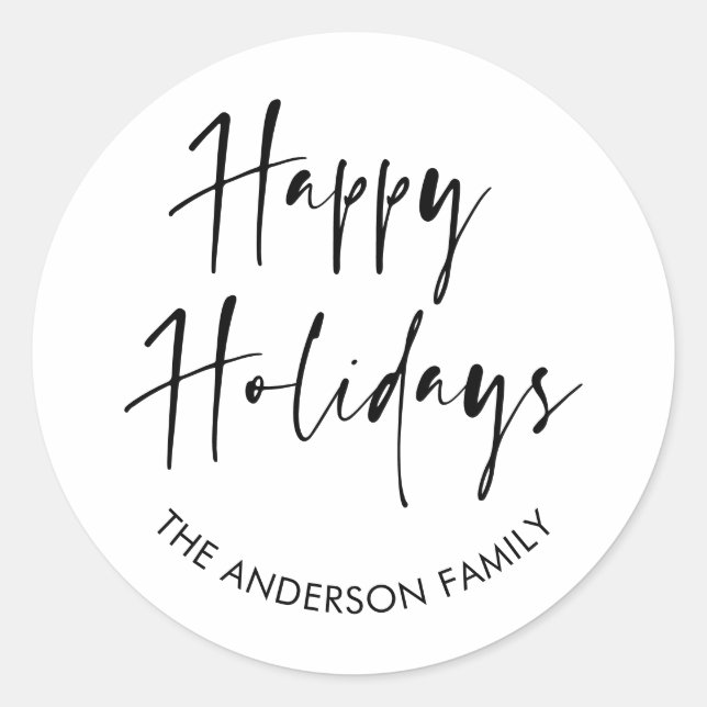 Happy Holidays Modern Script Calligraphy Family Classic Round Sticker (Front)