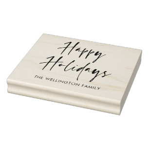 Happy Holidays Modern Script Gift Wrap Family Rubber Stamp