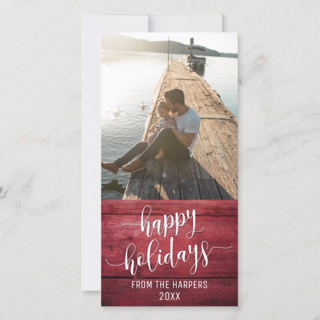 Happy Holidays Modern Script Red Rustic Wood Holiday Card (Front)