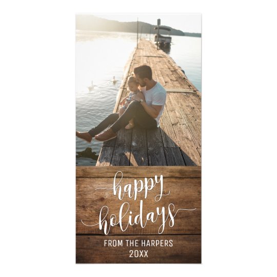 Happy Holidays Modern Script Type Rustic Wood Card