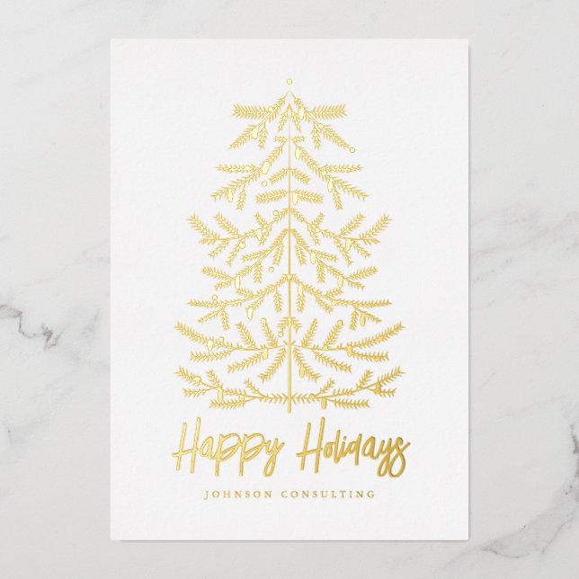 Happy Holidays Modern Simple Christmas Tree Foil Holiday Card (Front)