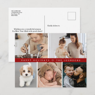 Happy Holidays Modern Simple Family Photo Grid Red Holiday Postcard