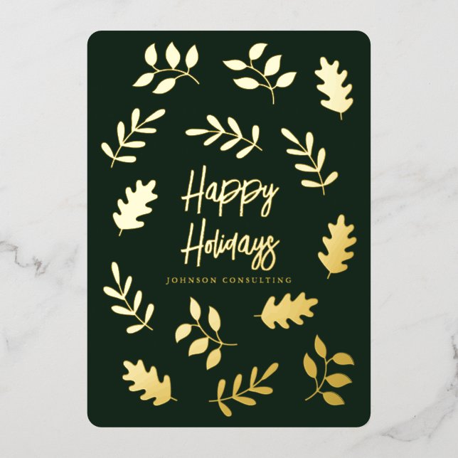 Happy Holidays Modern Simple Foliage Botanical Foil Holiday Card (Front)