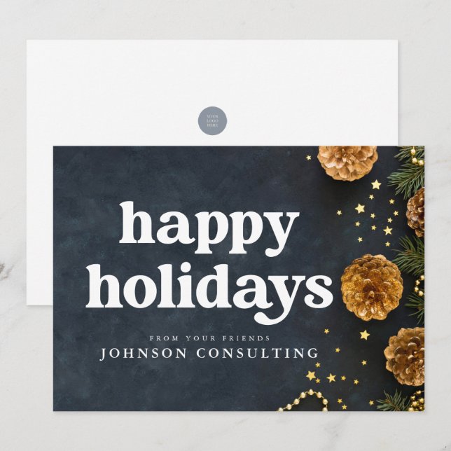 Happy Holidays Modern Stars and Golden Pine Cones Announcement (Front/Back)