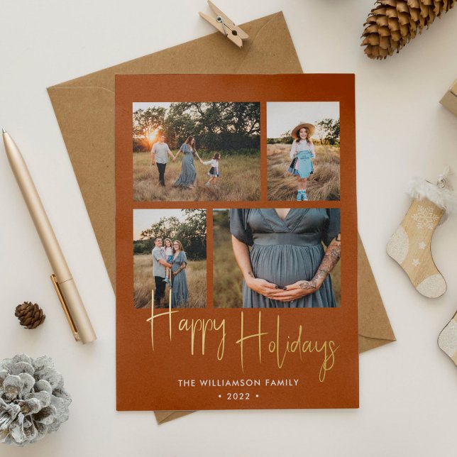 Happy Holidays Modern Terracotta Photo Collage Foil Holiday Card (Creator Uploaded)