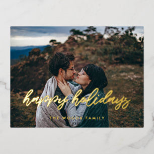 Happy Holidays Modern typography photo Foil Holiday Postcard