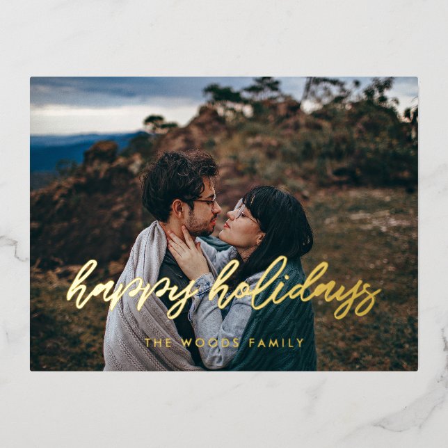 Happy Holidays Modern typography photo Foil Holiday Postcard (Front)
