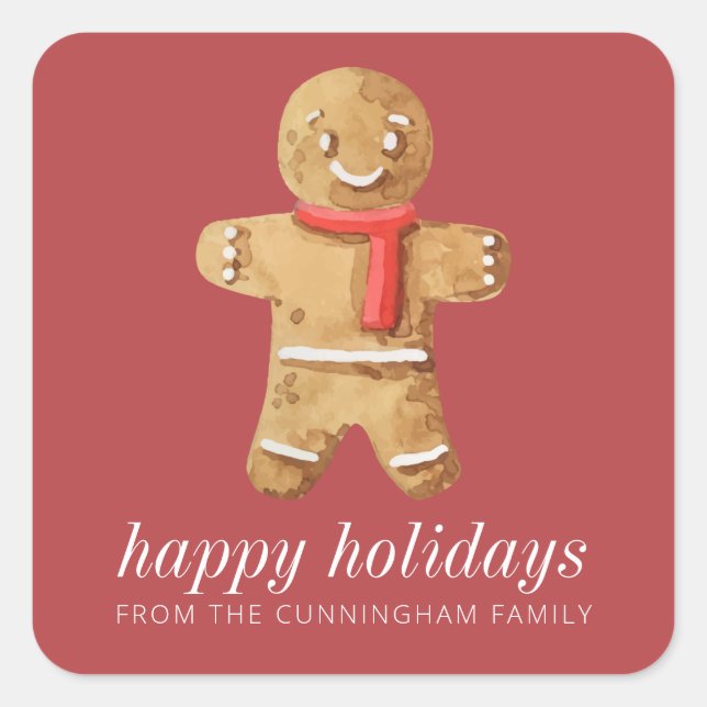 Happy Holidays Modern Watercolor Gingerbread Man Square Sticker (Front)