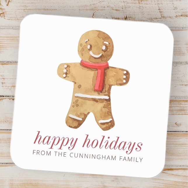 Happy Holidays Modern Watercolor Gingerbread Man Square Sticker (Creator Uploaded)
