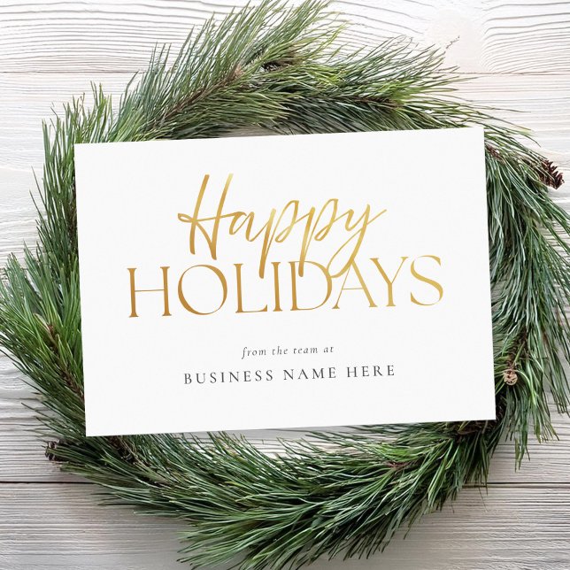 Happy Holidays Modern White Gold Script Business Holiday Card (Creator Uploaded)
