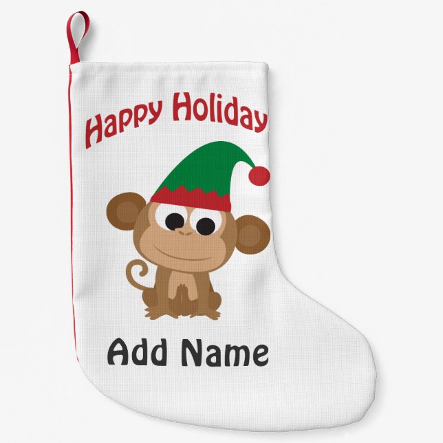 Happy Holidays! Monkey Christmas Elf Small Christmas Stocking (Front)