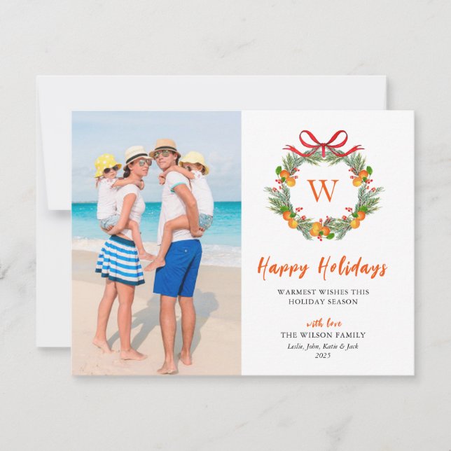 Happy Holidays Monogram Citrus Wreath Photo Holiday Card (Front)