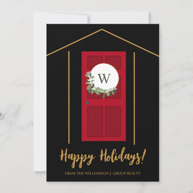 Happy Holidays Monogram Door Wreath Realtor Photo Holiday Card (Front)