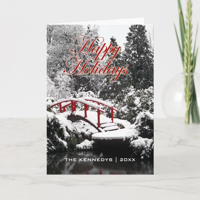 Happy Holidays - Moon bridge and pond Holiday Card (Front)
