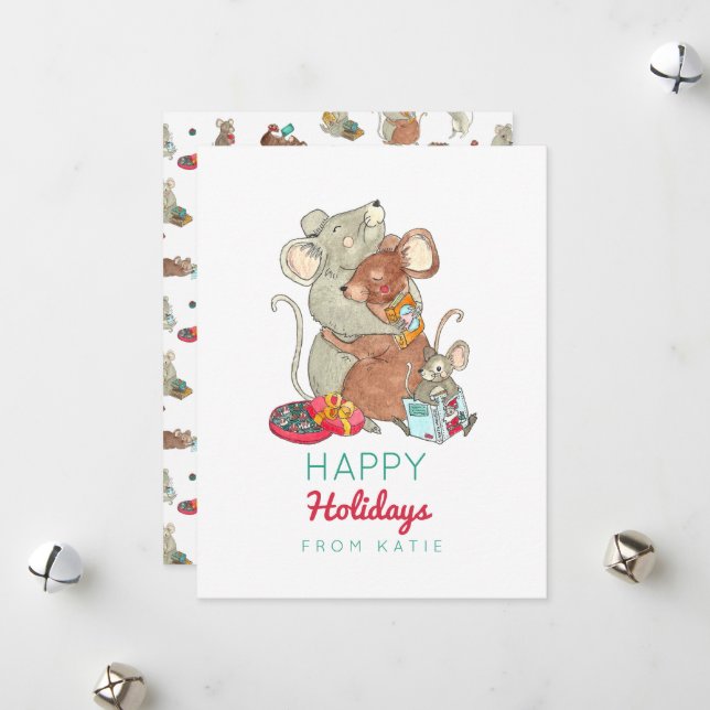 Happy Holidays Mouse Family Kids Holiday Card (Front/Back In Situ)