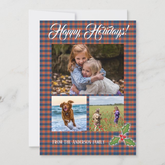 Happy Holidays multi photo greeting card Plaid (Front)