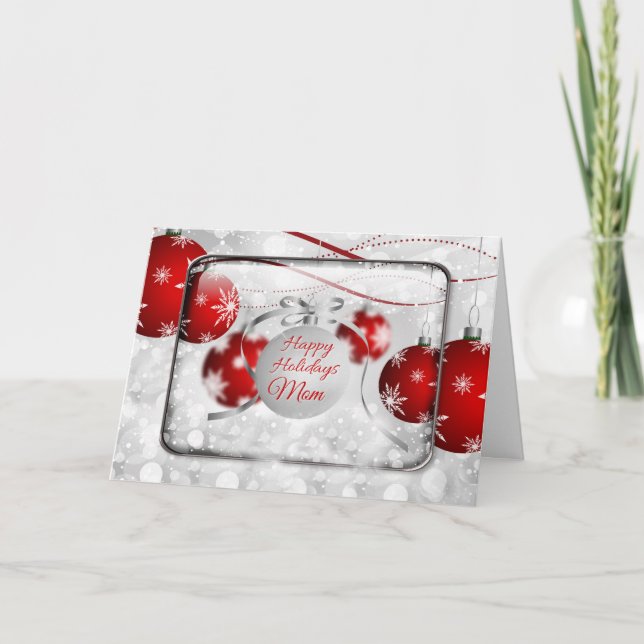 Happy Holidays Mum Sparkling Red Ornaments Card (Front)