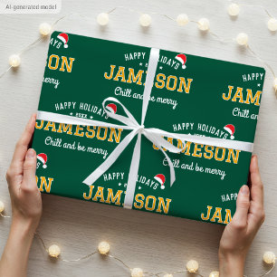 Happy Holidays Name Christmas Santa Hat Green Gold Wrapping Paper