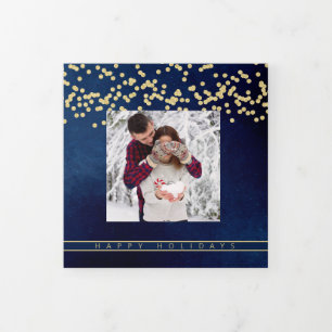 Happy Holidays Navy and Gold Family Photo Collage Tri-Fold Holiday Card