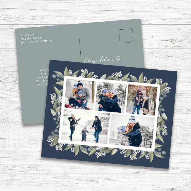 Happy Holidays Navy Blue Floral Photo Collage Holiday Postcard (Navy blue winter floral custom multi photo postcard.)