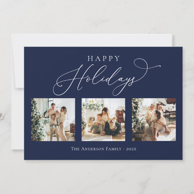 Happy Holidays Navy Blue Multi Photo Collage Holiday Card (Front)