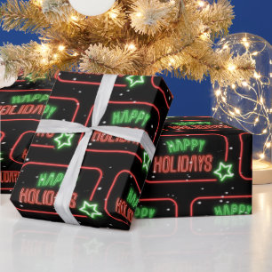 Happy Holidays Neon Sign Snowflakes  Wrapping Paper