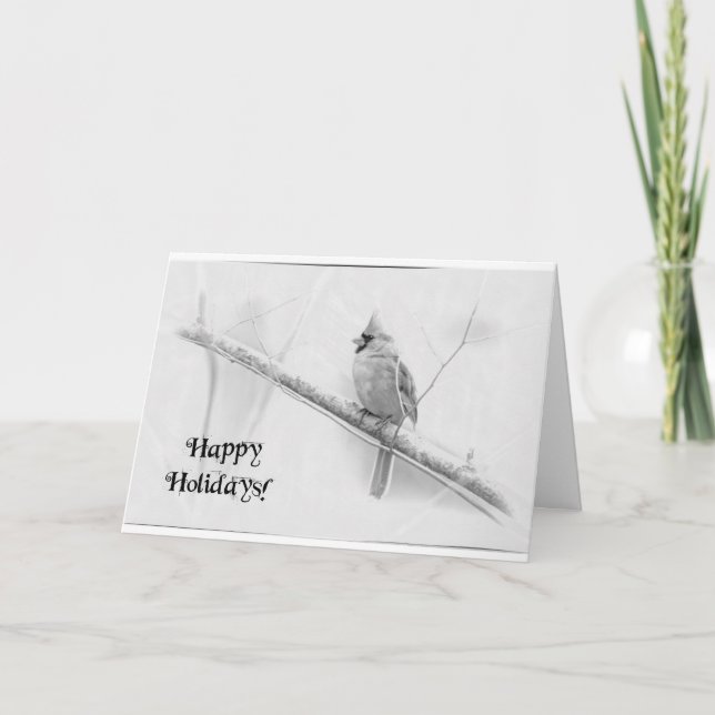 Happy Holidays Northern Cardinal Greeting Card B&W (Front)