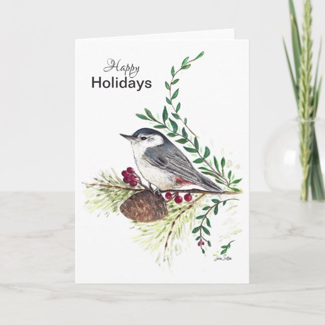 Happy Holidays Nuthatch Bird Card (Front)