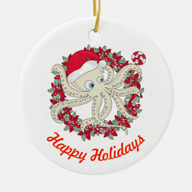 Happy Holidays Octopus Ceramic Tree Decoration (Front)