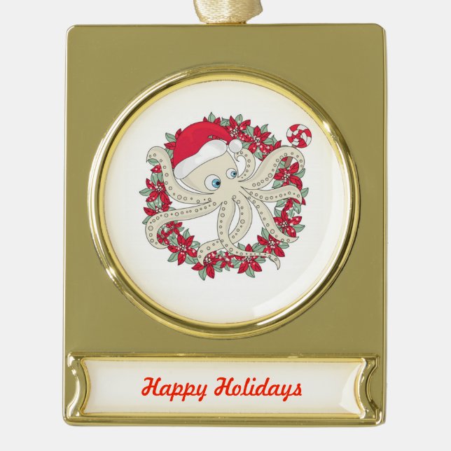 Happy Holidays Octopus Gold Plated Banner Ornament (Front)