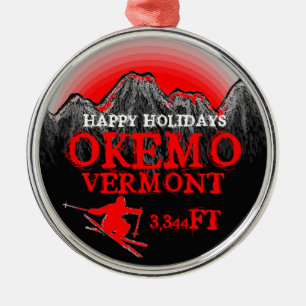 Happy Holidays Okemo Vermont red ski art ornament