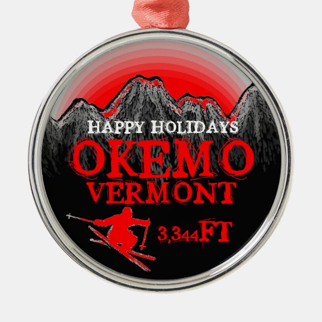 Happy Holidays Okemo Vermont red ski art ornament (Front)