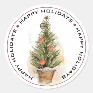 HAPPY HOLIDAYS, OLD FASHION CHRISTMAS TREE CLASSIC ROUND STICKER