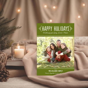 Happy Holidays Olive Green Photo Family Holiday Card