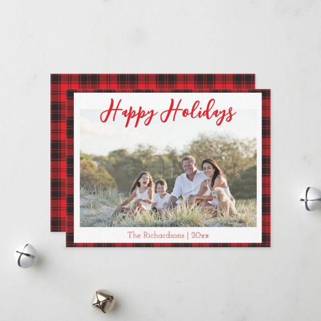 Happy Holidays One Photo Red and Black Tartan Holi Holiday Card (Front/Back In Situ)