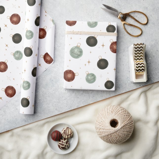 Happy Holidays Ornaments Neutral Festive Gift Wrapping Paper (Crafts)