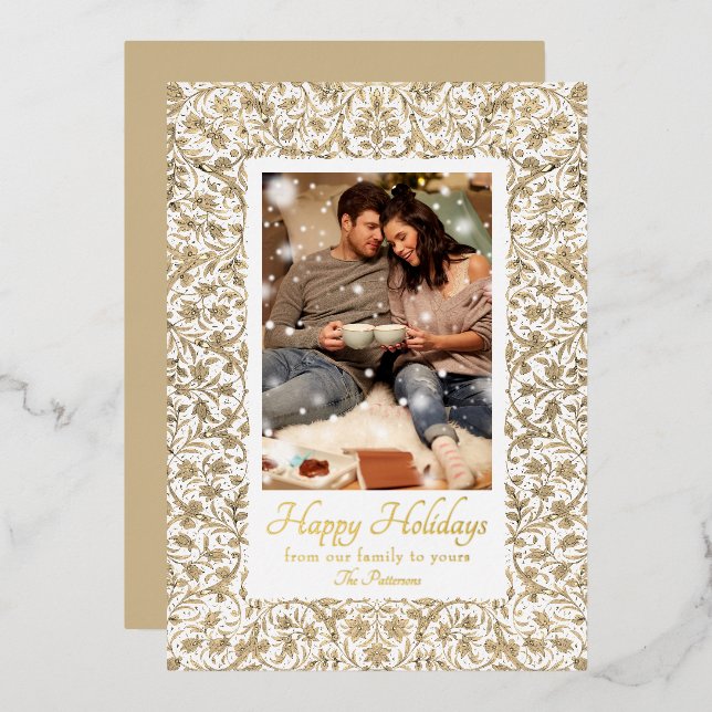 Happy Holidays Ornate Floral Photo Christmas Foil Holiday Card (Front/Back)