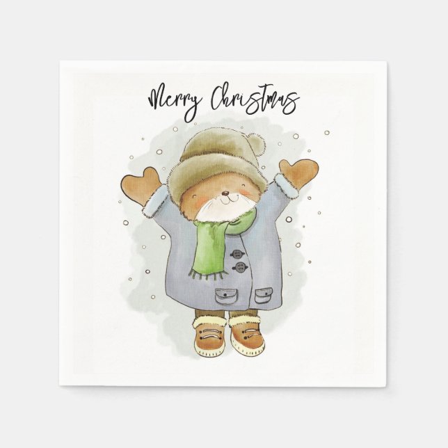 Happy Holidays Paper Napkins Cat Kitten Snow  (Front)