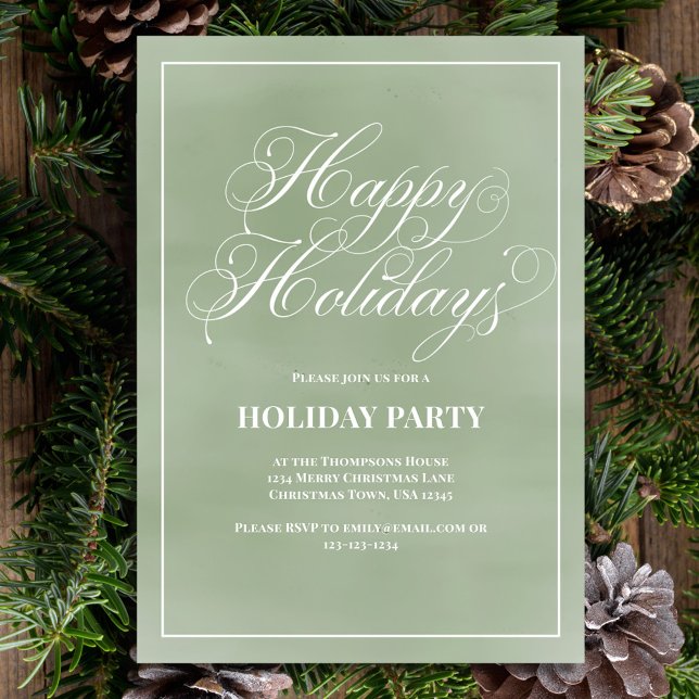 Happy Holidays Party Green Calligraphy Script Invitation (Holiday party custom invitation card with calligraphy script. )