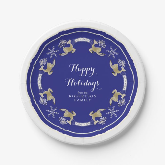Happy Holidays Party Let it Snow Leaping Reindeer Paper Plate (Front)