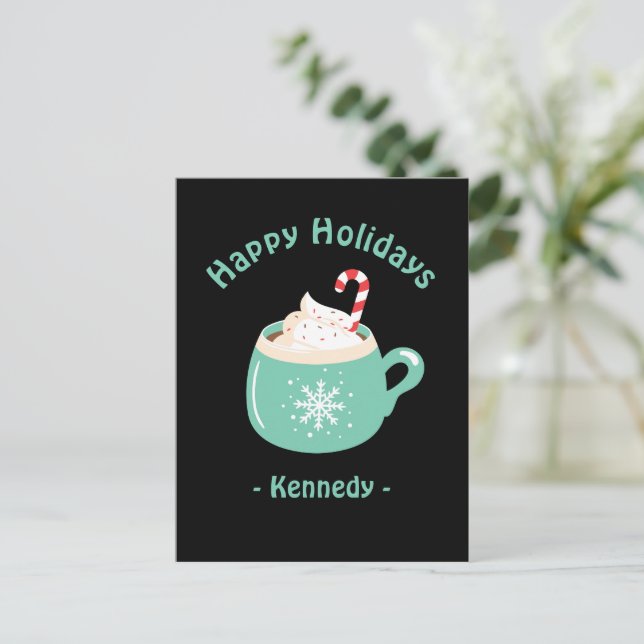 Happy Holidays Pastel Blue Hot Chocolate Cup Postcard (Standing Front)