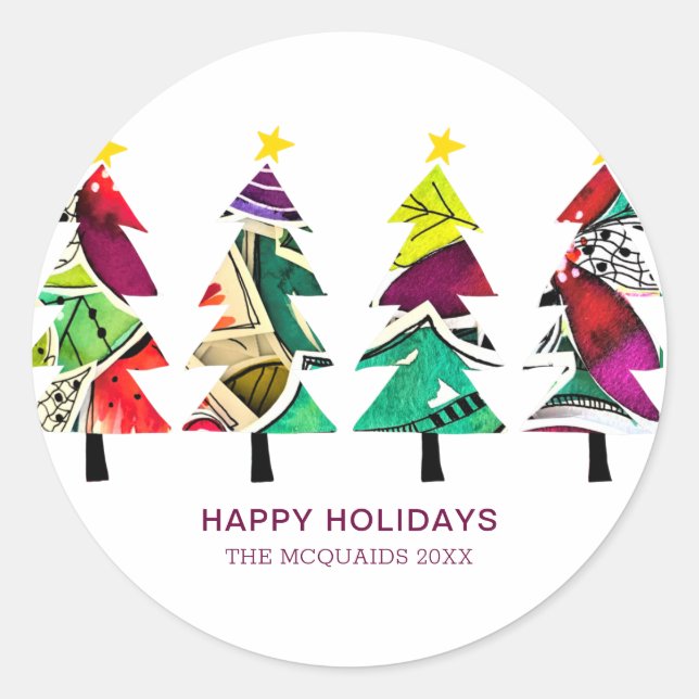 Happy Holidays Patterned Christmas Trees  Classic Round Sticker (Front)